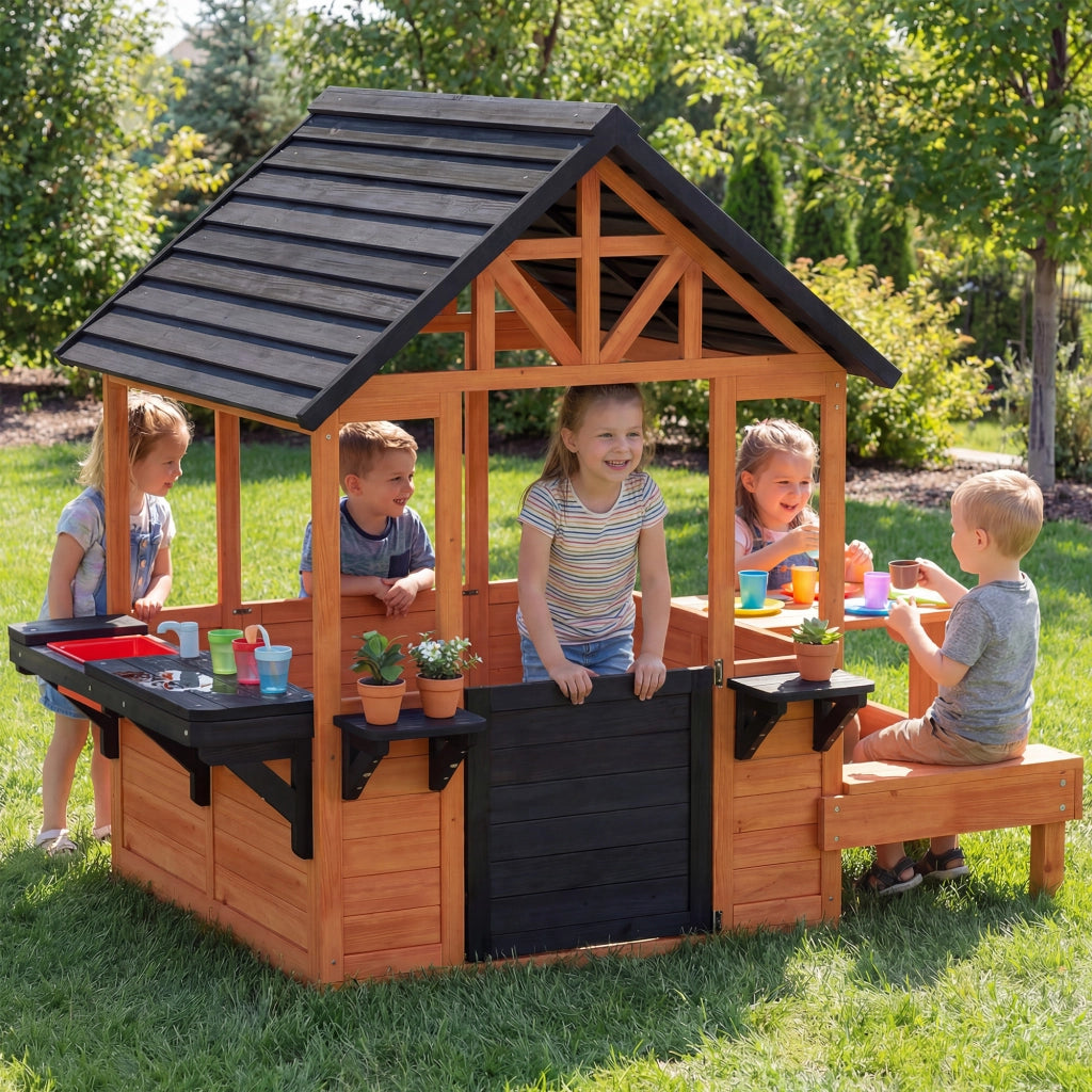 Casetta per bambini in legno con tavolo, panche e fioriere ¨C zephmum ¨C marrone