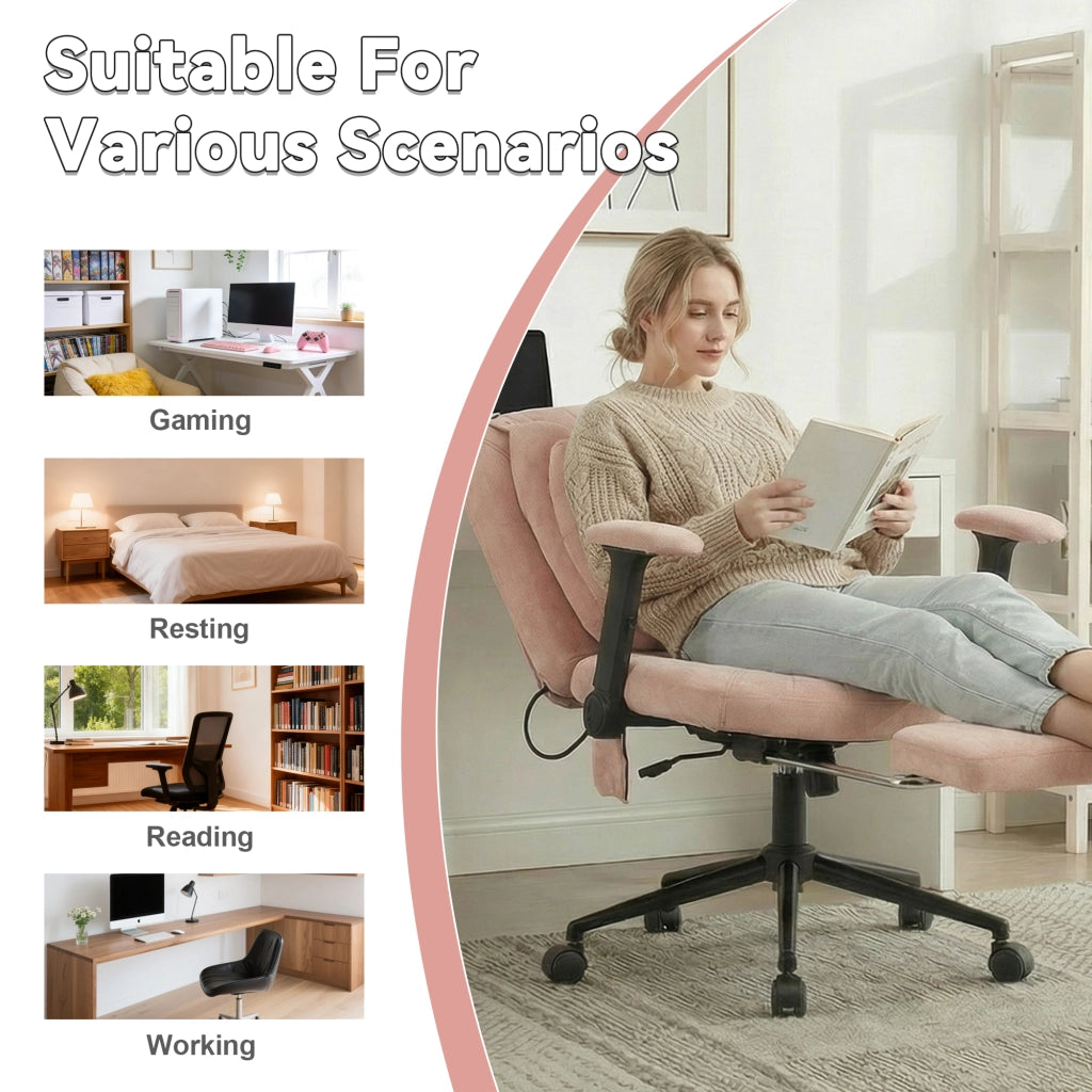 Chaise de bureau girevole in tessuto con supporto lombare gonfiabile seduta ampia base stabile e ruote silenziose rosa