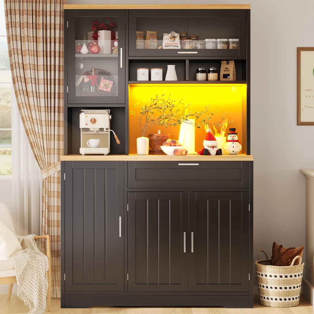 OKWISH Credenza alta vetrina con 5 ante e 1 cassetto, LED USB controllato da app, MDF, 104x40x180 cm, nero