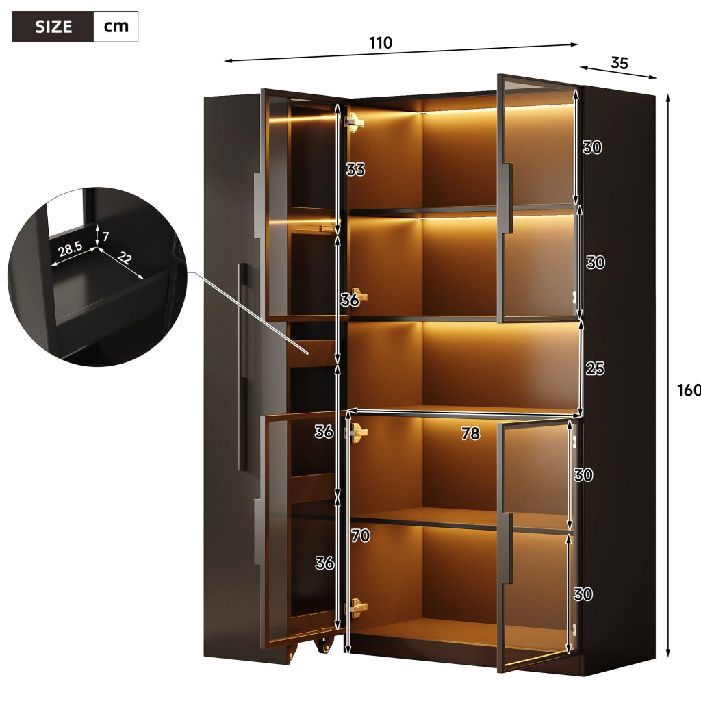Vetrina in MDF nero 110x35x160 cm con LED a colori e ripiani estraibili