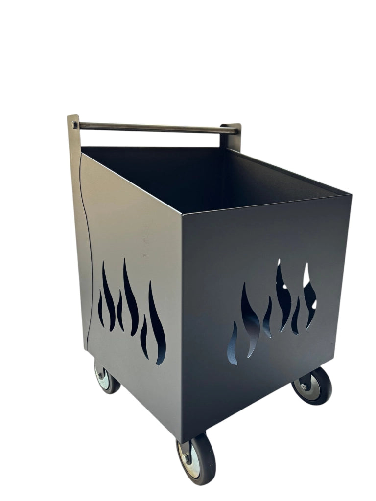 Porta Legna con Ruote, Porta Pellet, in Ferro Battuto, Grigio antracite, 42x37x62h cm, Motivo Fiamma, Per Camino e Stufe