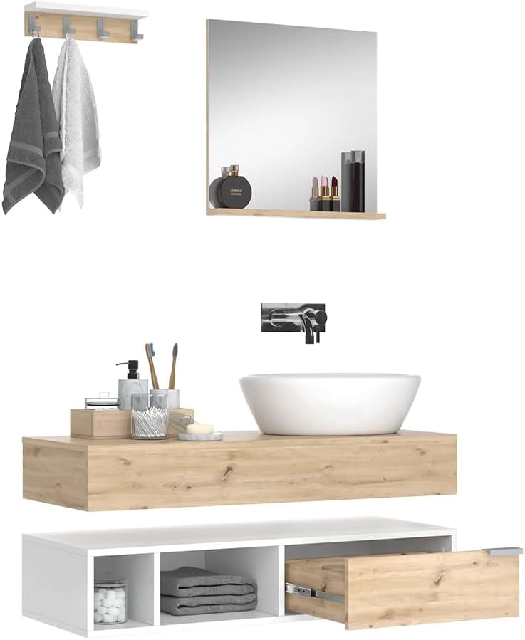 Set di mobili da bagno Henri, Bianco, 100 cm, composto da mobile sottolavabo, specchiera e mobile medio