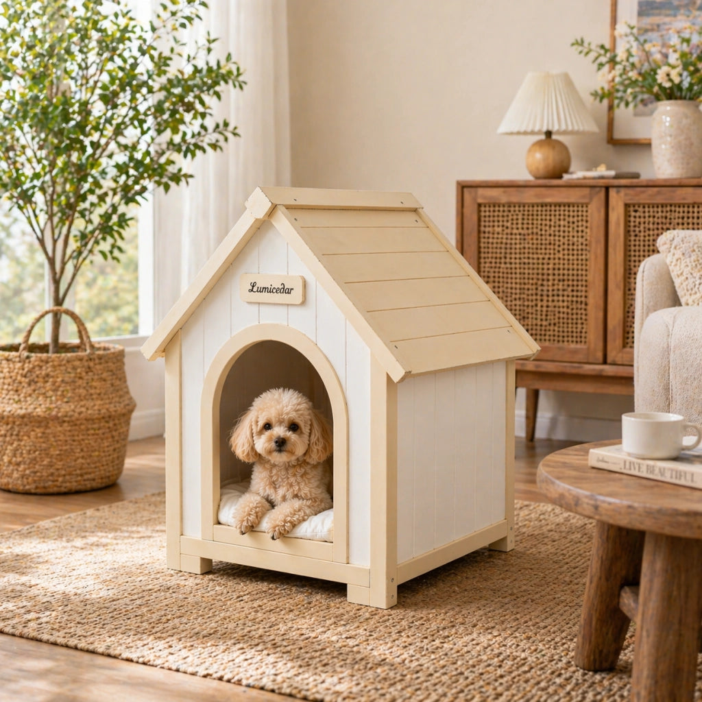 Casetta per animali da interno in legno massello FSC; design A-Frame; crema e bianco