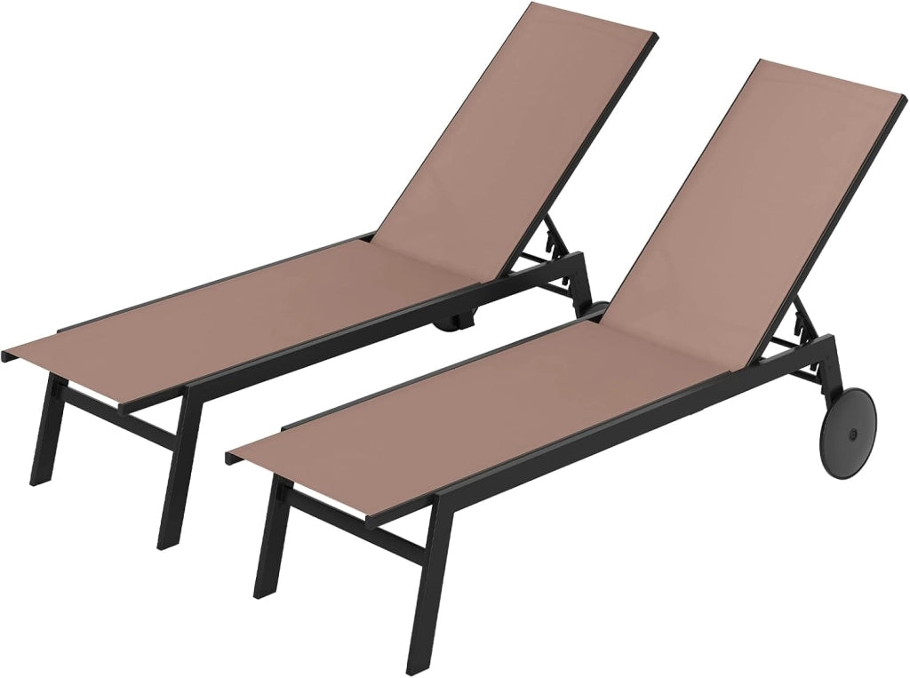 Set di 2 Sdraio da Giardino Reclinabili, Sedia da Abbronzatura Piatta in Metallo Resistente con Schienale 6 Posizioni e Tessuto Traspirante, per Bordo Piscina e Terrazza (Marrone,2)