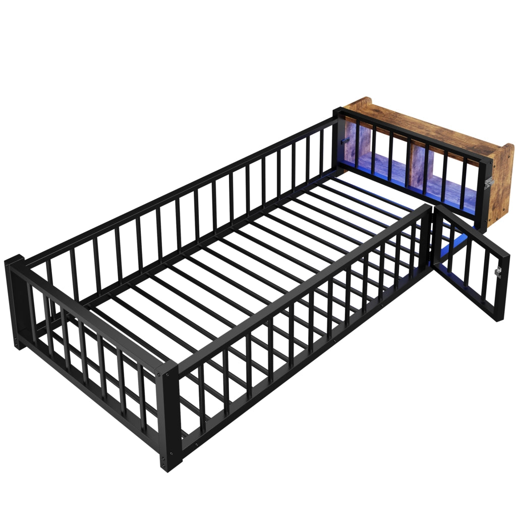Letto per bambini 90x200 cm in metallo con barriera di sicurezza e LED