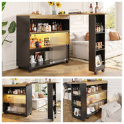OKWISH Tavolo Alto da Pranzo con Piano Allungabile, 3 Vani, LED e Ruote, per Cucina, Nero, 138×39×105 cm