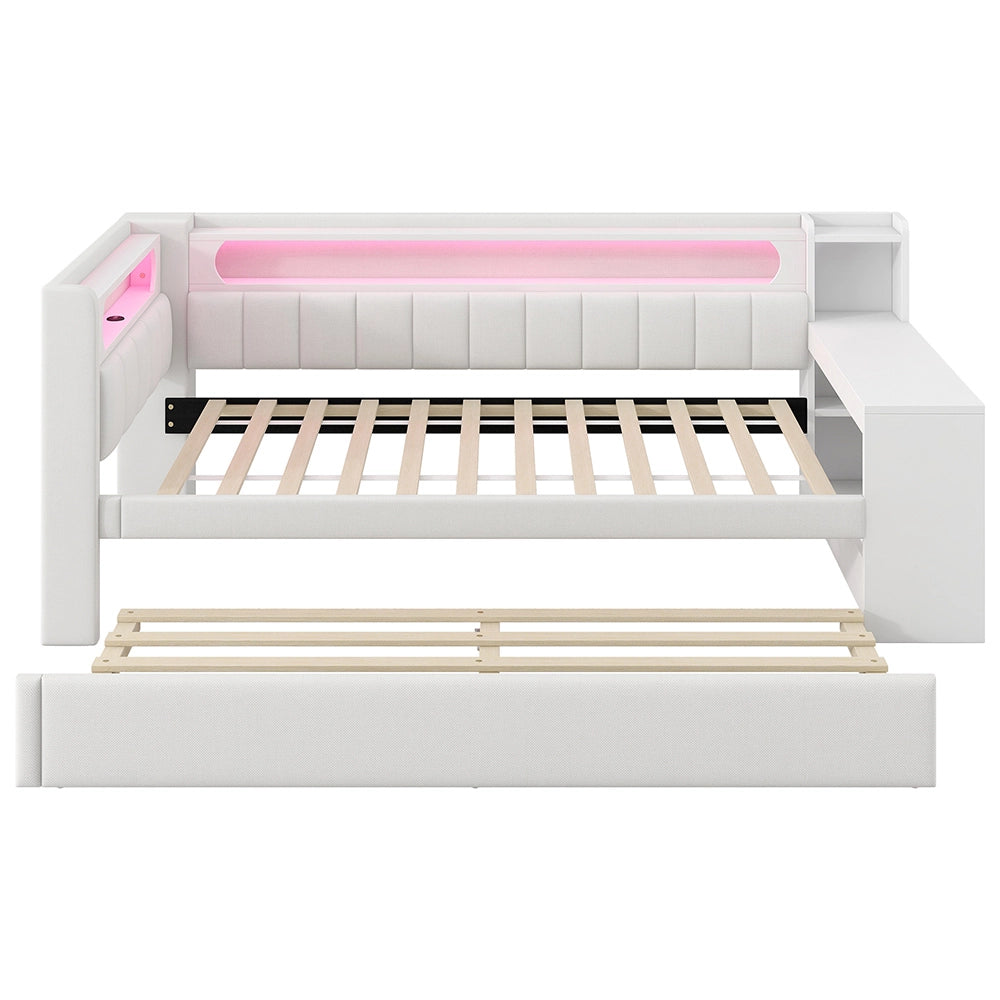 Letto a giorno-Xylo-90x200 cm-imbottito, USB, LED, scrivania, 2 cassetti, bianco