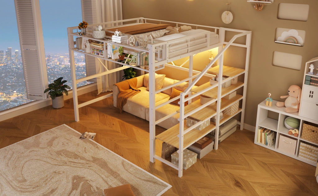 LETTO a soppalco 140x200 cm in metallo e MDF bianco con ripiani laterali