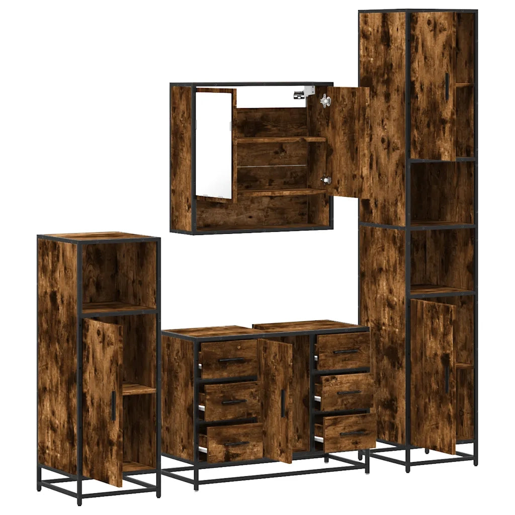 Set Mobili da Bagno 4 pz Rovere Fumo in Legno Multistrato