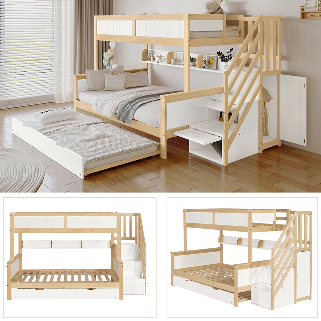 Letto a Castello; Letto Singolo 90x200 cm e 120x200 cm con estraibile; armadio e scala