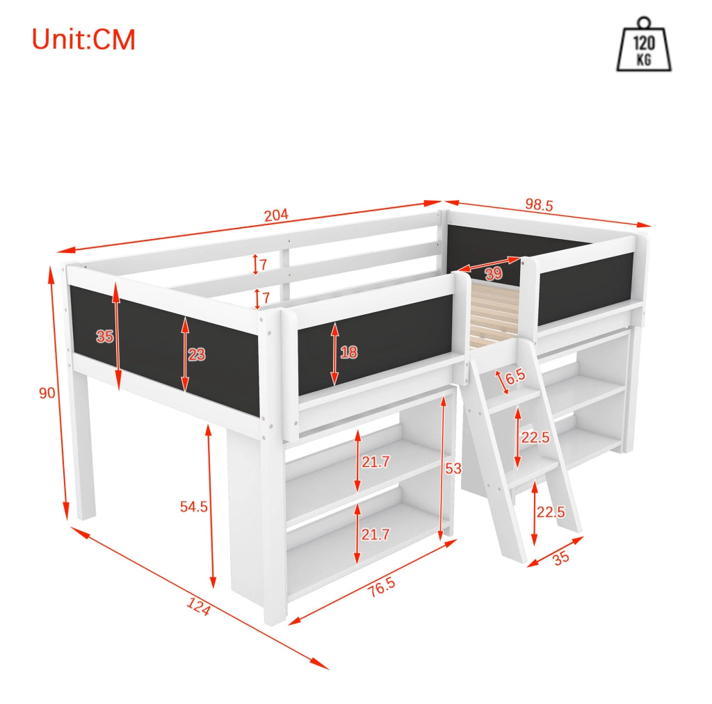 Letto semi-alto per bambini 90x200 cm bianco con ripiani, scaletta e lavagna