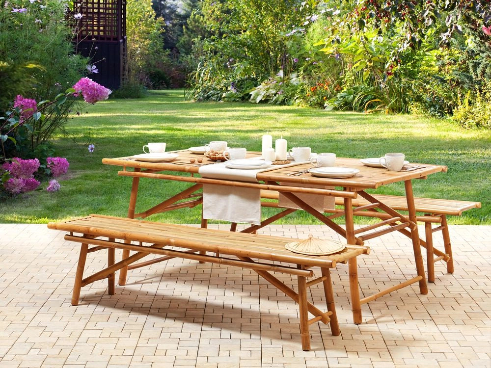 Set da pranzo da giardino 4 posti composto da Tavolo e 2 panche in marrone chiaro esterno