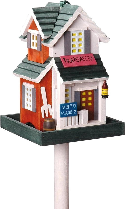 Ristorante per uccelli in legno - Casa per uccelli con stile occidentale standard - Piccola villa per uccelli in legno - Stazione di alimentazione per uccelli con silo alimentatore - 18 x 18 x 123 cm - Rosso