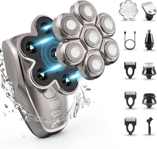 Scheermes Grooming Kit per Uomo - IPX7 - Resistente all'Acqua - Schiara con Spazzola - Adattatore USB Type-C - Finestra di Regolazione della Velocità - Aspetto Argento Grigio.