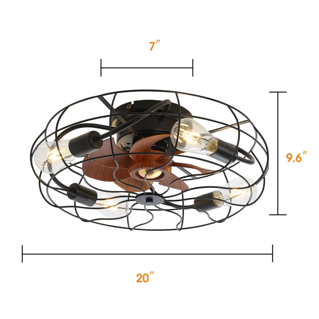 Ventilatore da soffitto cage 20" nero con luce, 7 pale ABS e telecomando