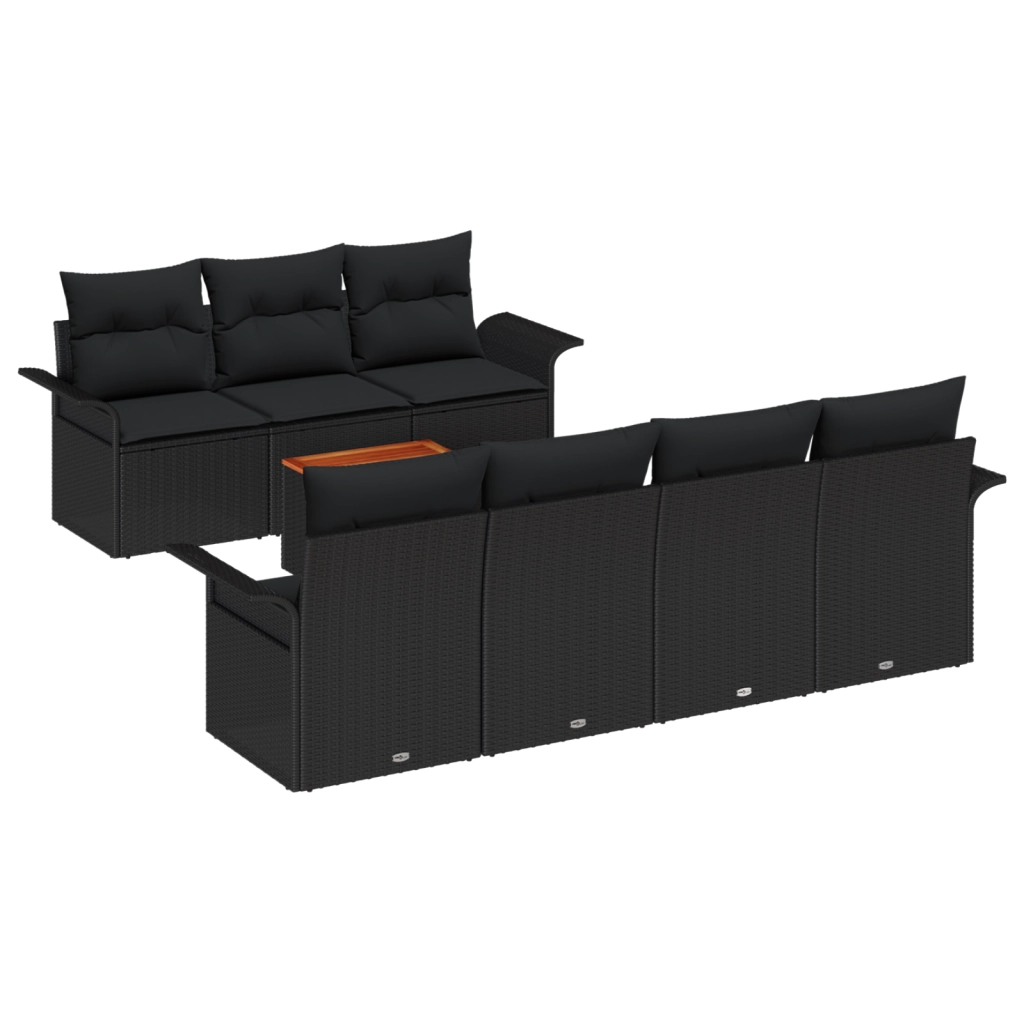 Set di Divano da Giardino 8 pezzi con Cuscini Nero Polirattan Acacia