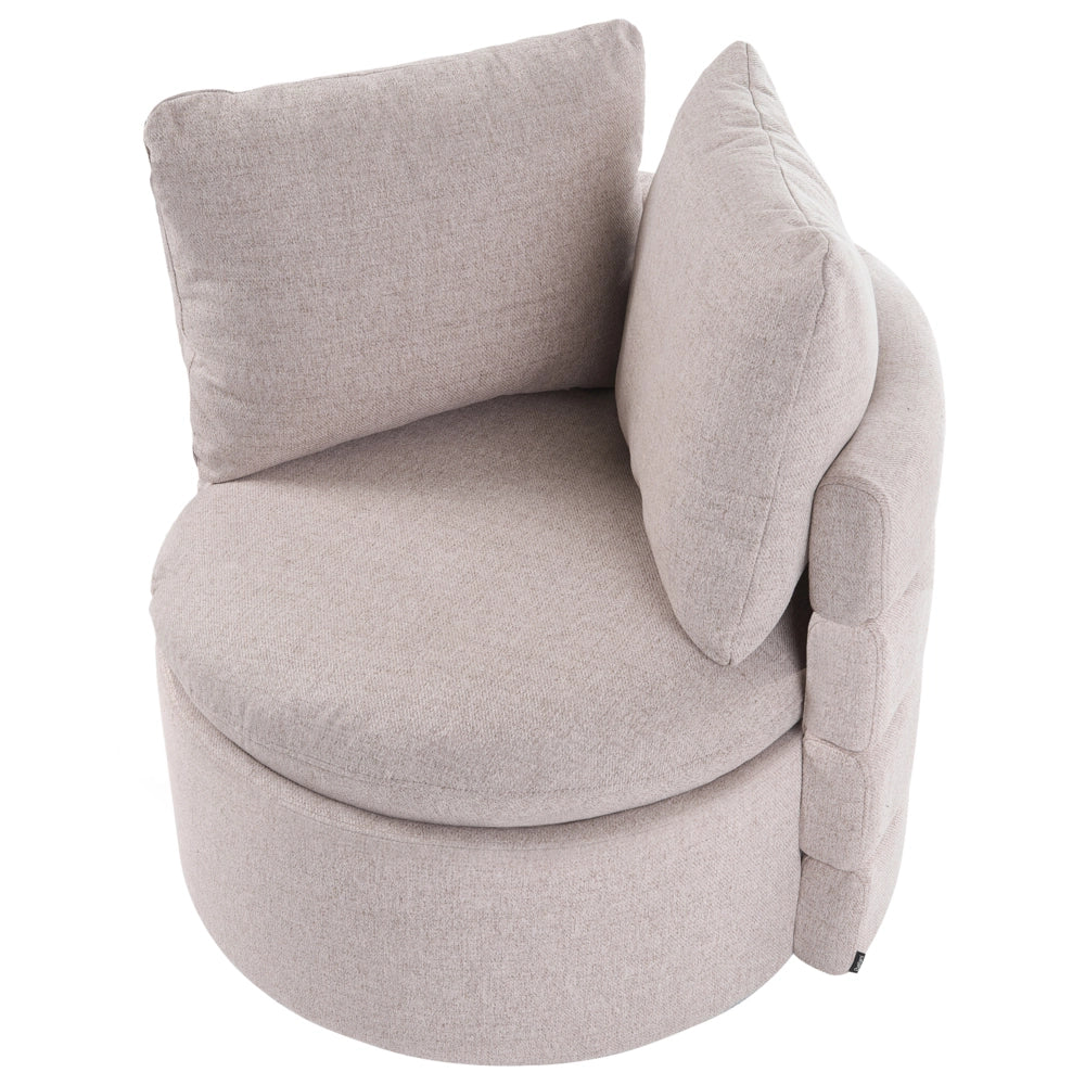 Poltrona in tessuto con schienale curvo base girevole a 360° con contenitore cuscini decorativi beige stile retrò angolo lettura
