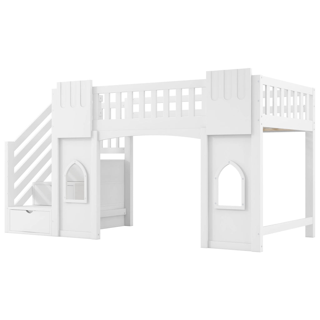 Letto a castello bianco con funzione contenitore e finestre in MDF e pino 90x200 cm