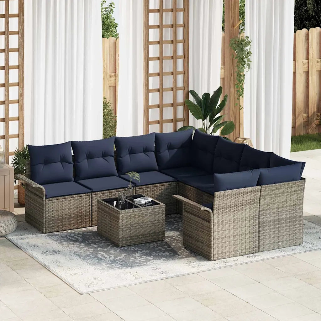 Set Divano da Giardino 9 pcs Grigio e Blu Navy polyrattan
