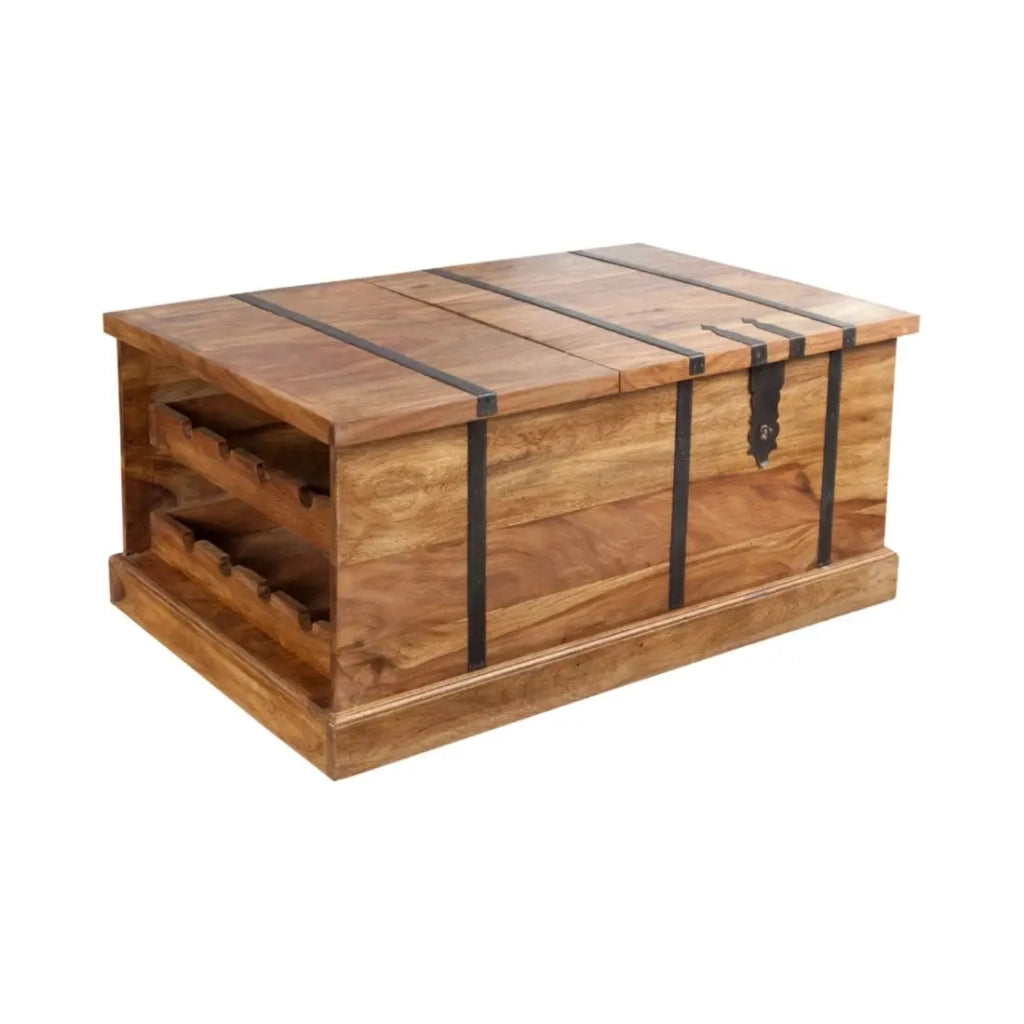 Tavolino da salotto baule TRESORO 100 cm in legno massello di Sheesham con porta bottiglie