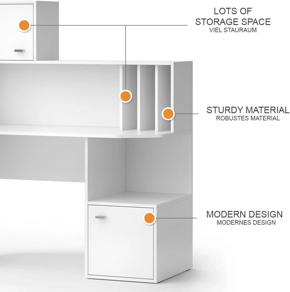Scrivania con ripiani Alwin, Bianco, 115 x 55 cm con 2 porte, adatto all'uso come postazione di lavoro con superfici d'appoggio