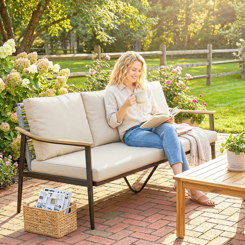 Divano da Esterno a 3 Posti 176x75x78 cm con Braccioli Effetto Legno e Schienale in Rattan Cachi