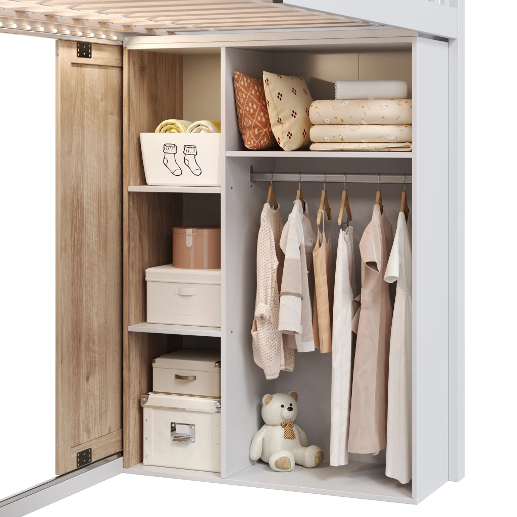 Letto per bambini con armadio, scala contenitore e LED, 90x200 cm, bianco/rovere