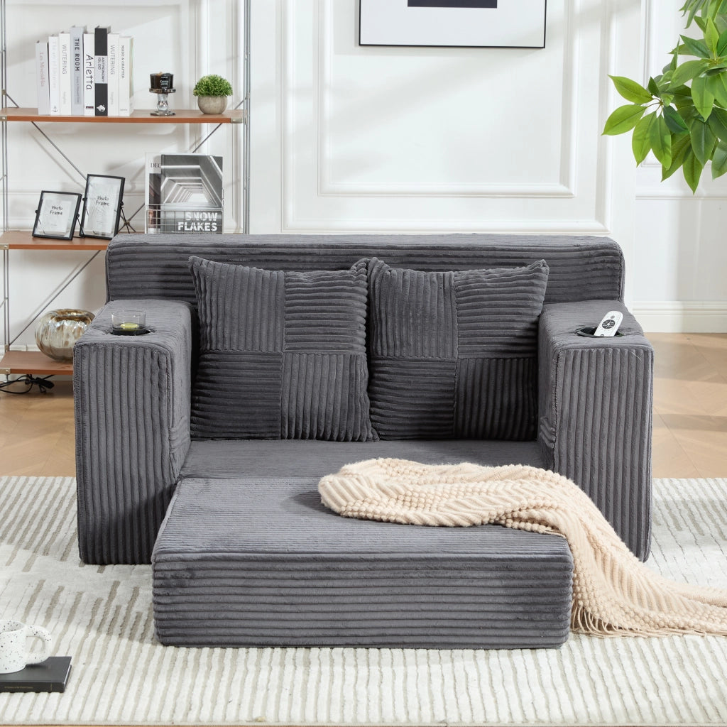 Divano pouf 151x133x64 cm con tasche laterali e 2 cuscini in velluto a coste grigio
