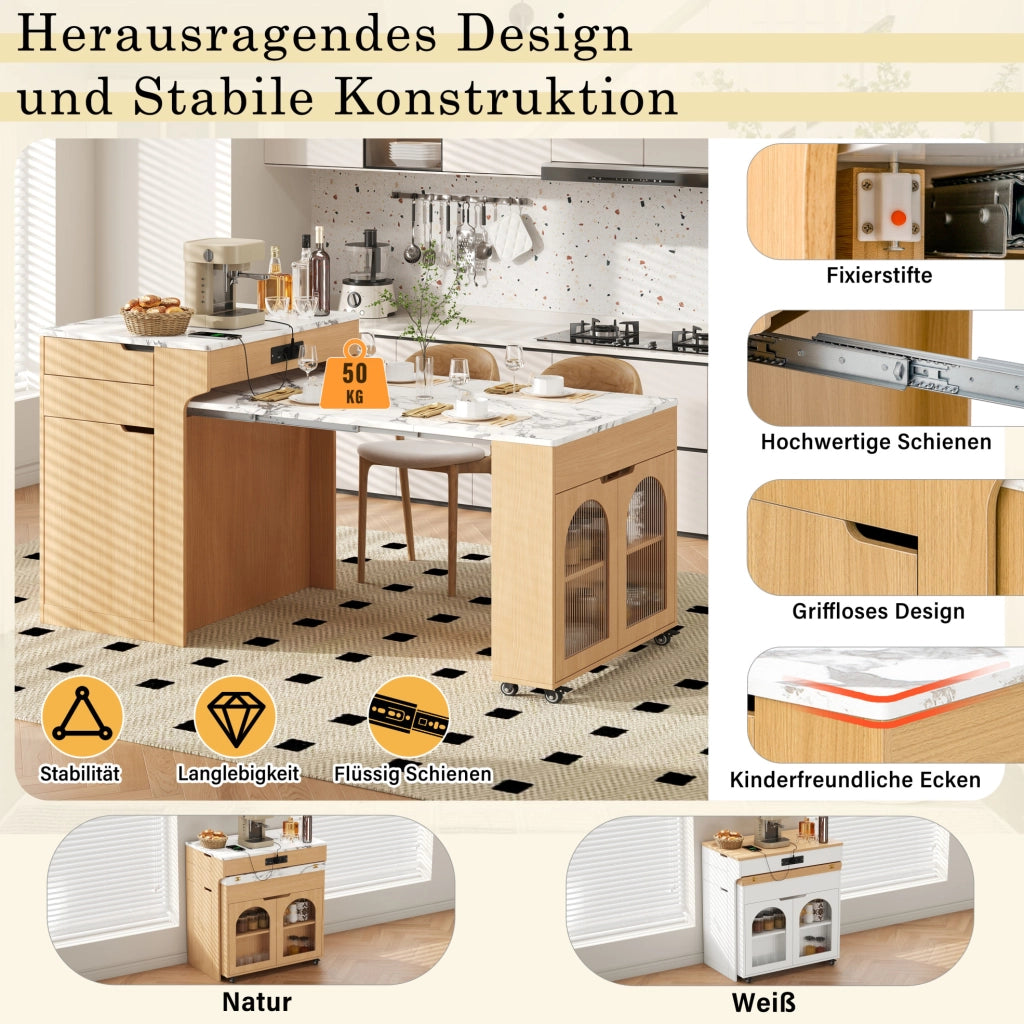 Isola cucina con tavolo estraibile, prese e cassetti