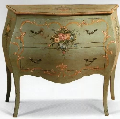 Como' bombato 2 cassetti laccato verde invecchiato con decori misure l.94 p.42 h.80 (1300) - Mobili 2G