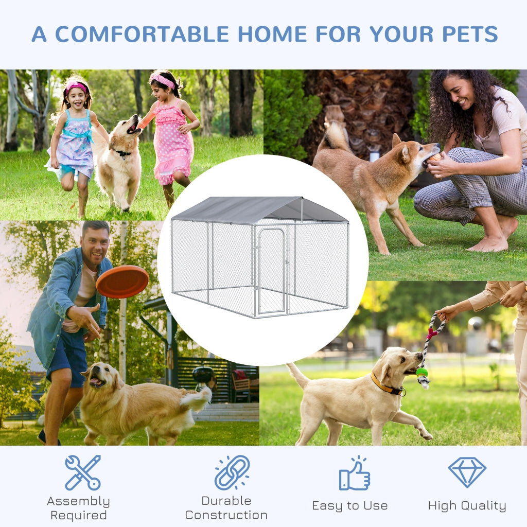 Easycomfort Kennel per Cani in Metallo Galvanizzato con Tettuccio in Tessuto Oxford e Porta con Blocco, 400x230x232cm, Argento