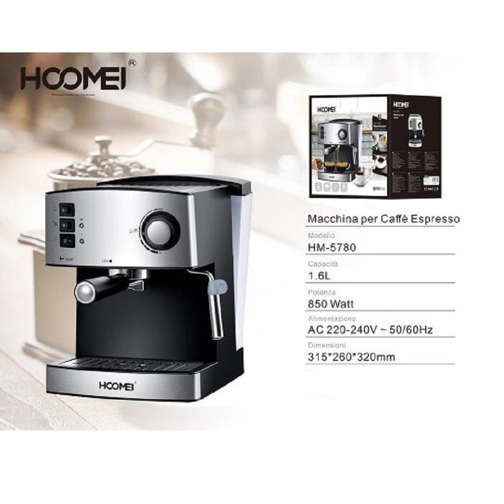 Trade Shop - Macchina Per Caffè Espresso 850 Watt 1.6lt Cappuccino System 15 Bar Corpo Inox -