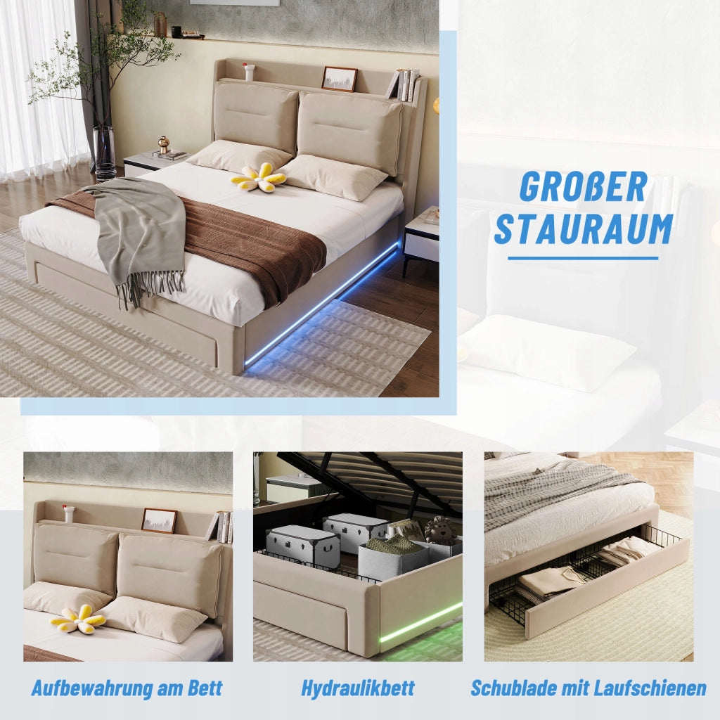 Letto imbottito con LED - Xylo - 180x200 - Beige - Velluto