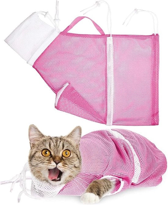 Gas per il bagno dei gatti, sacchetto per il bagno regolabile per la cura e il lavaggio, accessorio multifunzionale per il fissaggio dei gatti, trimmer per le unghie, spazzola per le orecchie, mantiene la gatta calma (bianco).
