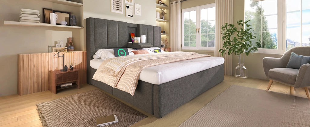 DESMIU Letto contenitore 140 × 200 cm 2 posti con portabicchieri, ricarica USB e Type-C, senza materasso, grigio