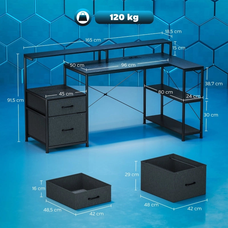 SCRIVANIA angolare gaming 165x80x91,5 cm effetto legno nero con LED e prese