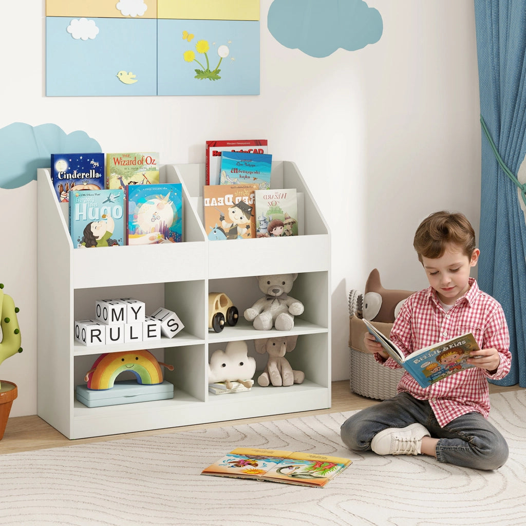 Libreria per bambini a 4 livelli salvaspazio, Scaffale per libri e giocattoli con 4 cubi 4 scomparti aperti e anti-ribaltamento Bianco