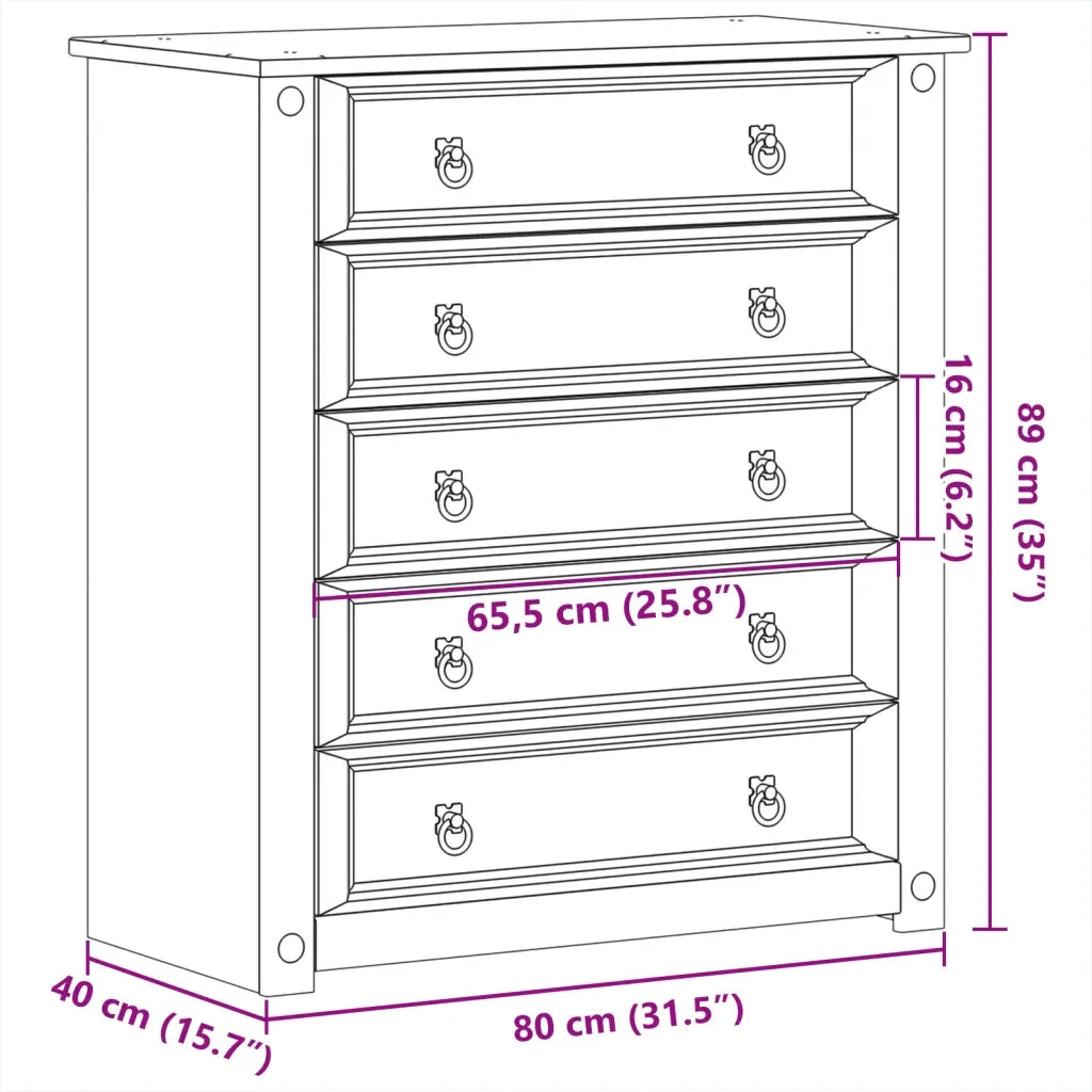 Cassettiera Corona 80x40x89 cm in Legno Massello di Pino 4005673