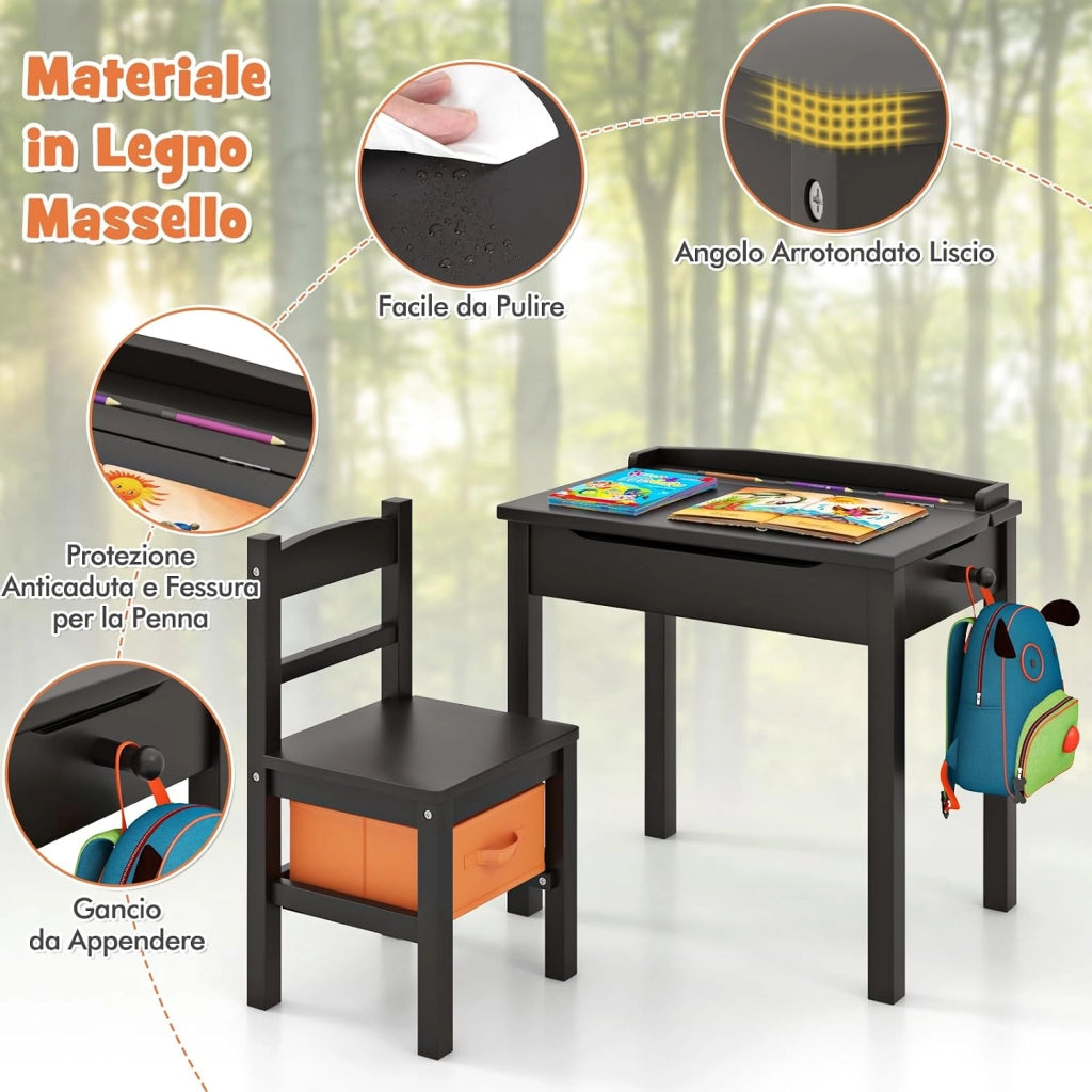 Set Tavolo e Sedia per Bambini, Scrivania Ribaltabile con Sedia per Bambini in Legno, con Cassetto e Gancio Estraibile, Bianco/Naturale (Nero)