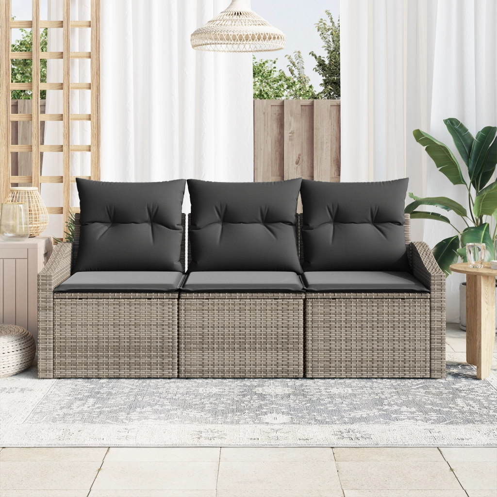 Set da Pranzo da Giardino in 3 Pezzi con Cuscini Grigio Polyrattan
