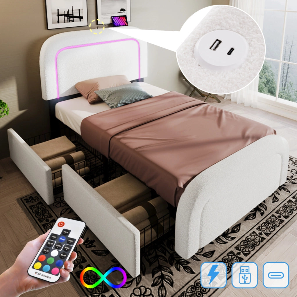 Letto singolo imbottito 90x200 cm in Sherpa bianco con USB Type-C; LED; 2 cassetti e materasso