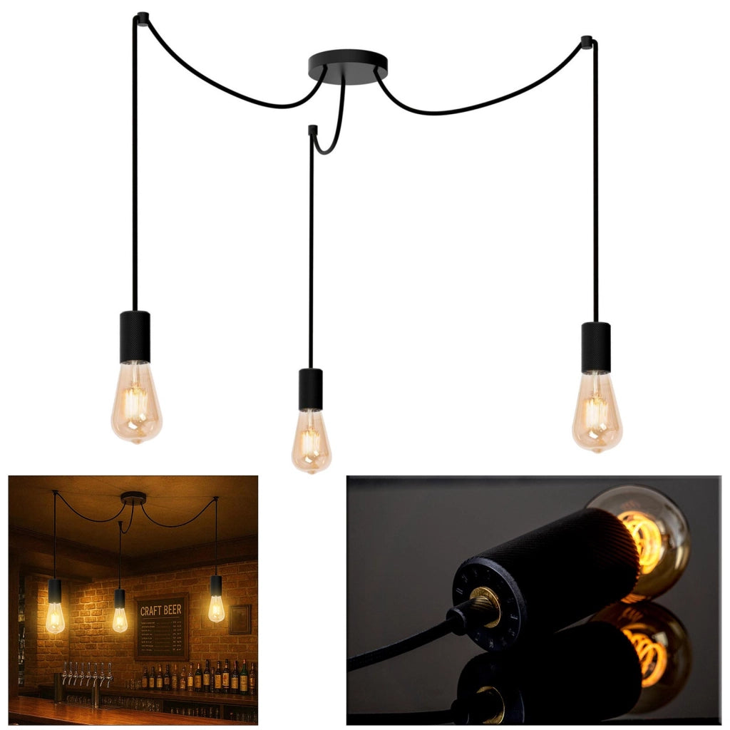Lampadario moderno 3 luci a sospensione E27 design minimal industriale cavi regolabili per cucina soggiorno tavolo