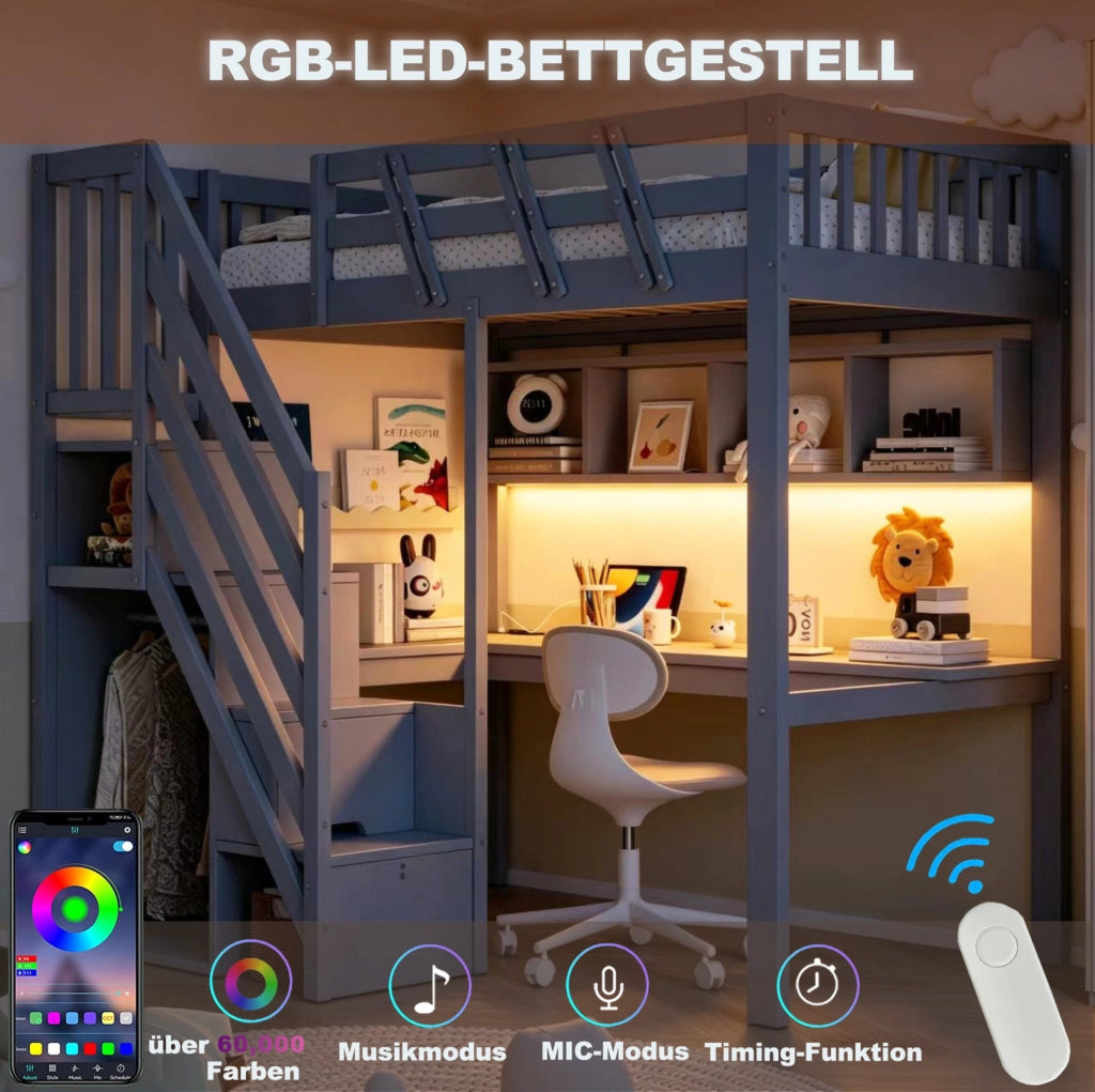 Letto a soppalco per bambini 90x200 cm con scrivania; LED e scala contenitore grigio