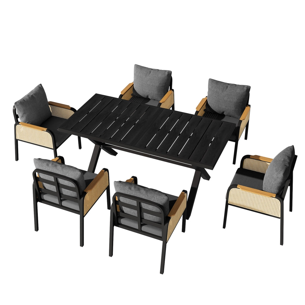Set da pranzo da esterno con tavolo e 6 sedie in ferro, rattan PE nero e naturale