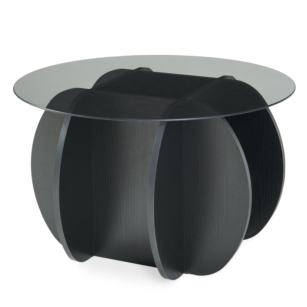 Tavolino da Caffè Karhuvandi con Piano Rotondo in Vetro Fumé Ø70 x 40 cm Grigio/Effetto Legno Nero [en.casa]
