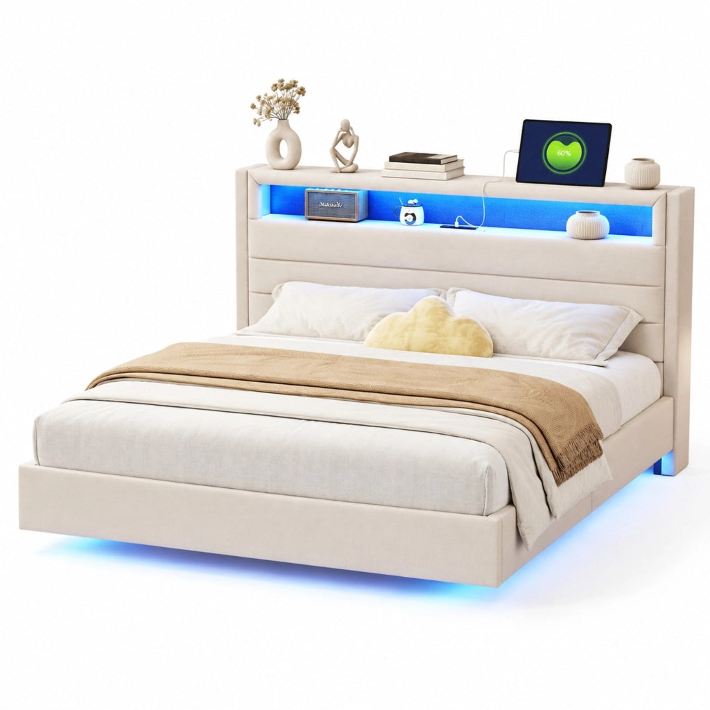 Letto imbottito matrimoniale 140x200 cm con USB, LED colorati, testiera reversibile e struttura in metallo, beige