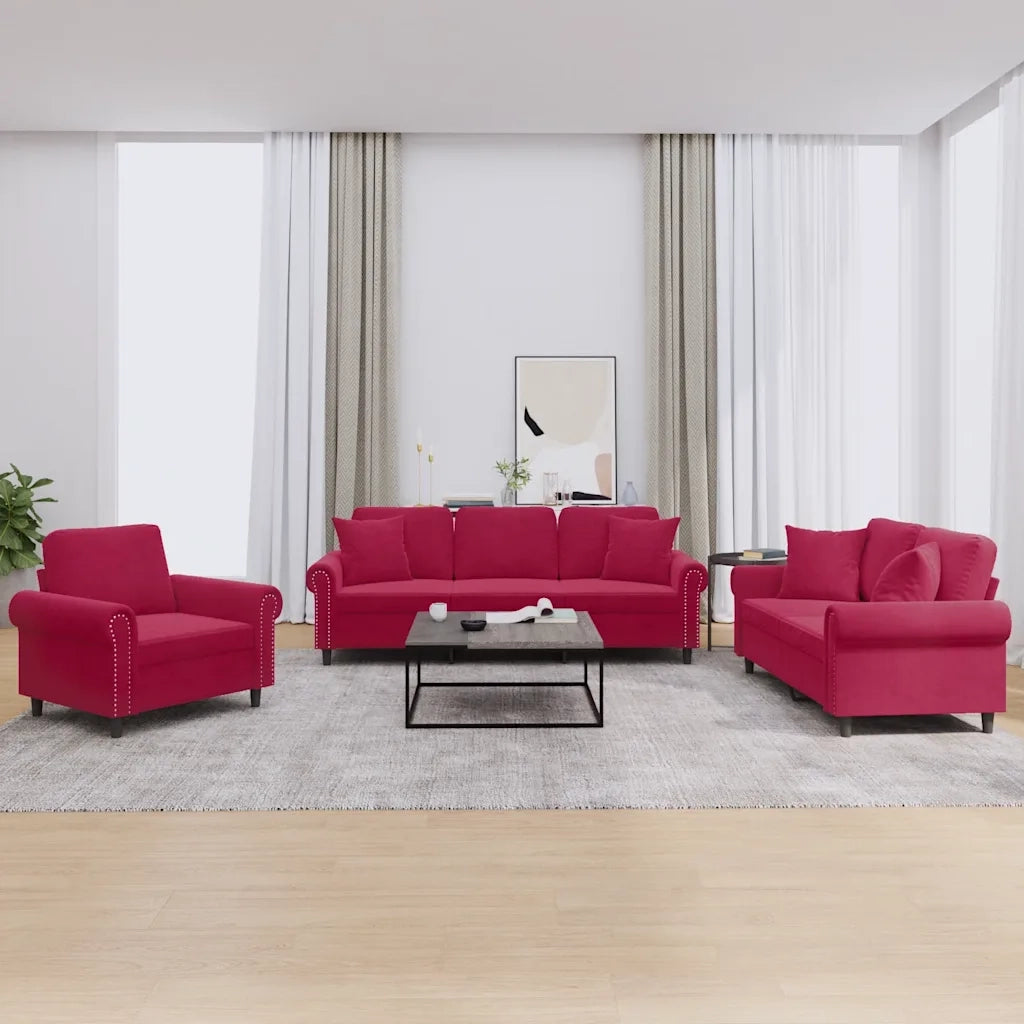 Set di Divani 3 pz con Cuscini Rosso Vino in Velluto