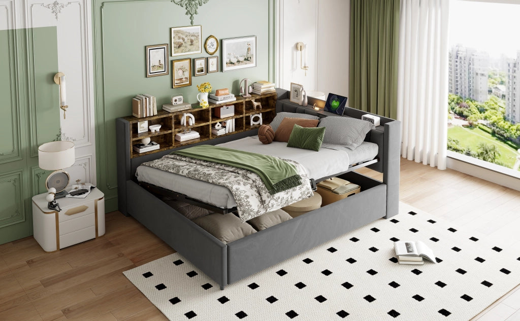 Letto divano 140 × 200 cm con contenitore idraulico, luce notturna, USB e Type-C, ripiani, senza materasso, in velluto grigio