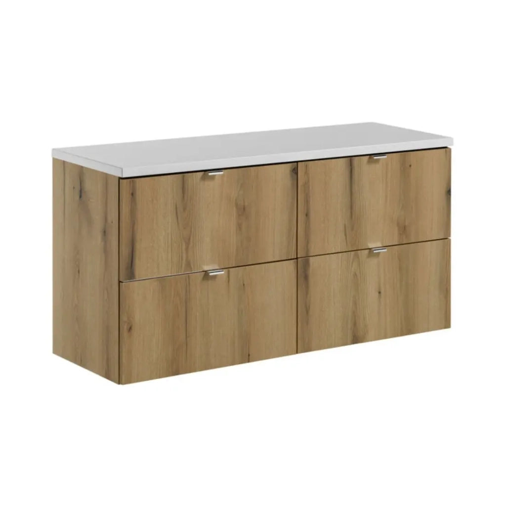 Set da bagno sospeso VANO in rovere e bianco 120cm: mobile sottolavabo con cassetti + piano per lavabo