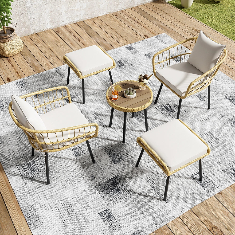 Set da giardino 5 pezzi - Xylo - Tavolo+2 sedie+2 sgabelli in rattan naturale